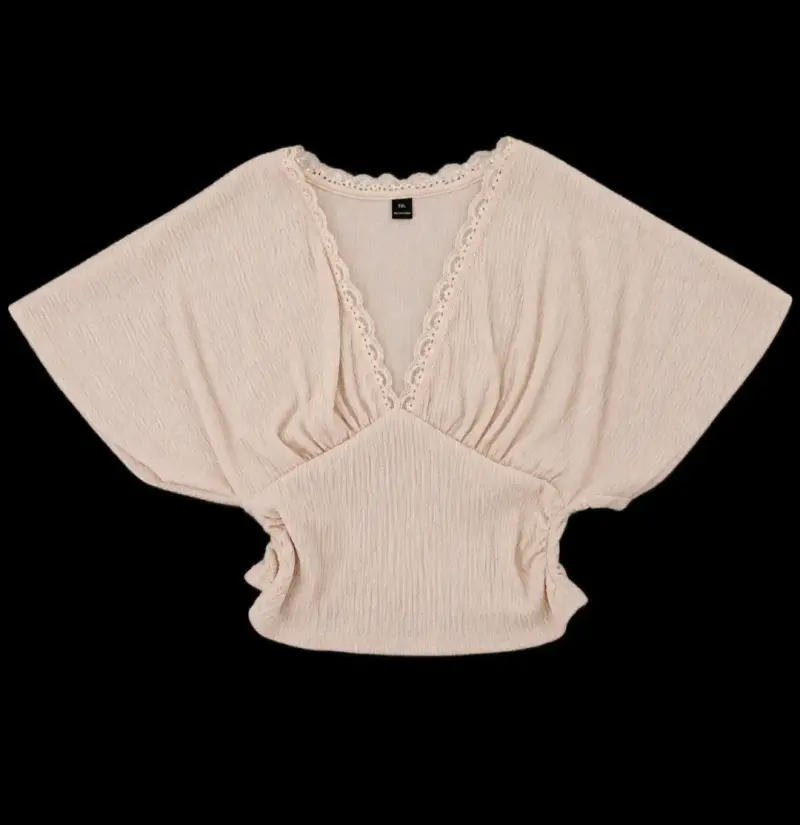 Blusa de encaje beige con escote en V - 3