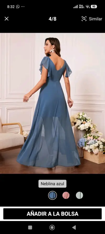 Vestido de fiesta azul neblina con mangas de vuelo - miniatura 1