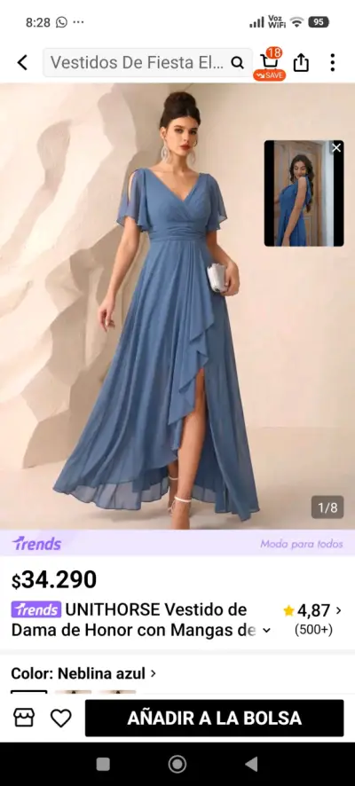 Vestido de fiesta azul neblina con mangas de vuelo - miniatura 3