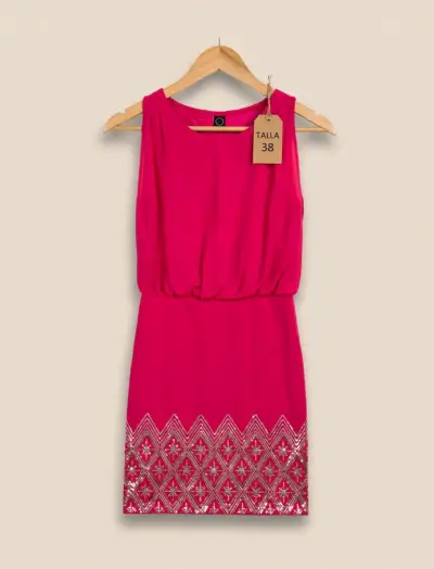 Vestido fucsia con bordado talla 38 - miniatura 1