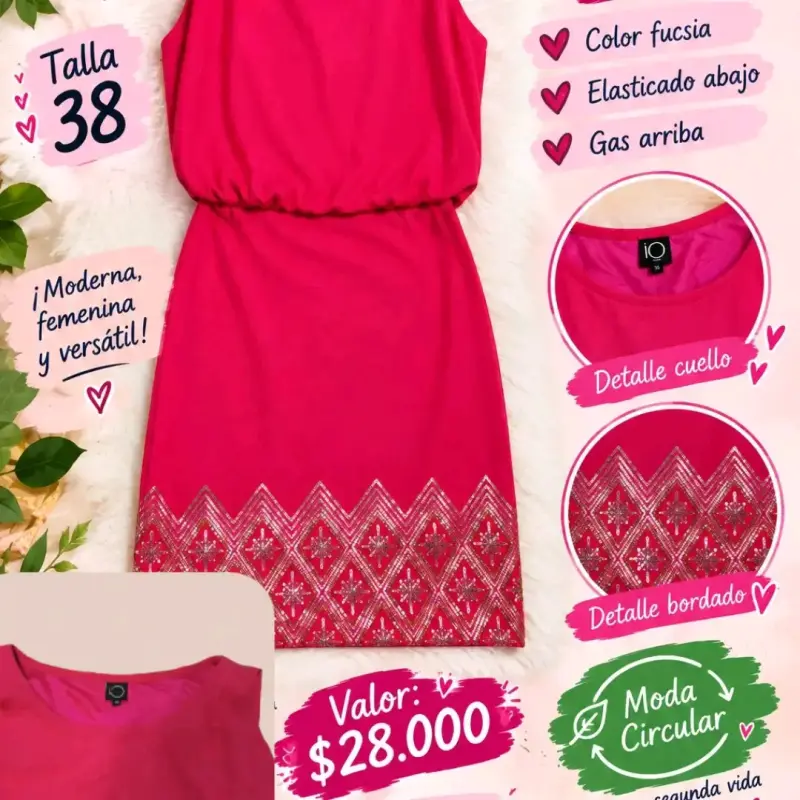 Vestido fucsia con bordado talla 38 - 3
