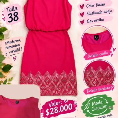 Vestido fucsia con bordado talla 38 - miniatura 3