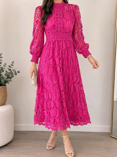 Vestido de encaje fucsia con mangas largas - miniatura 1