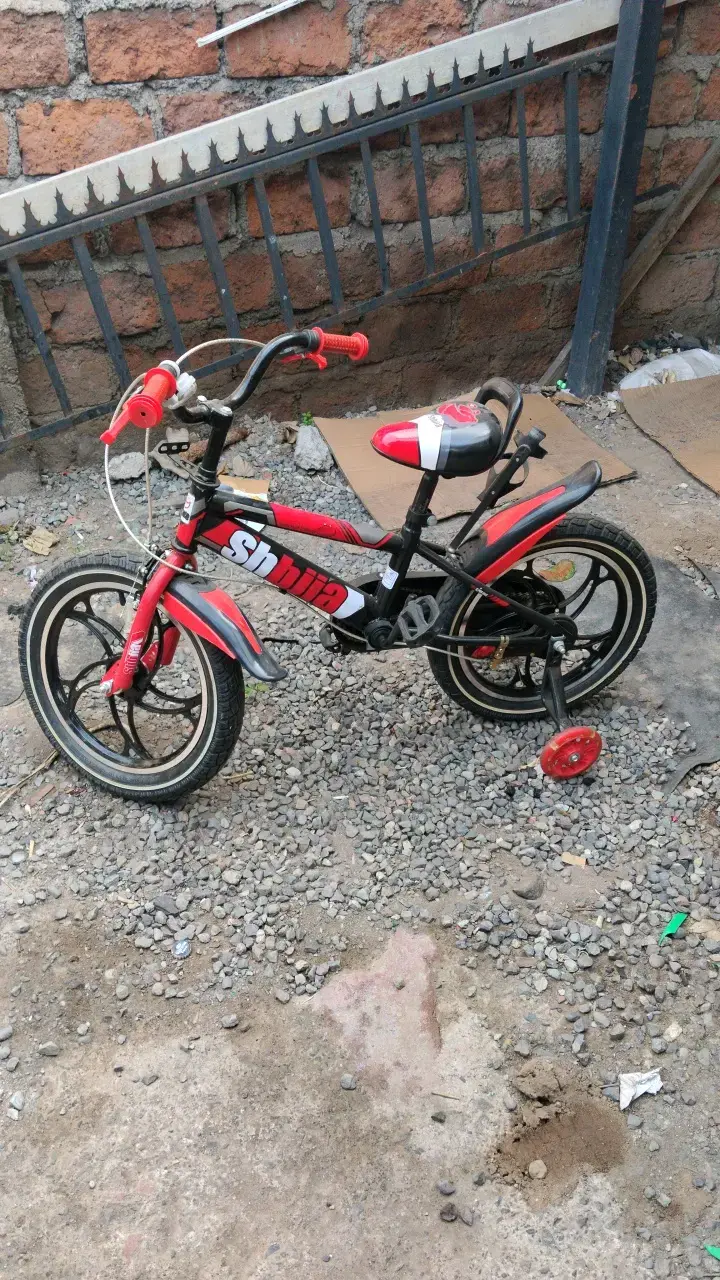 Bicicleta infantil roja con rueditas de apoyo