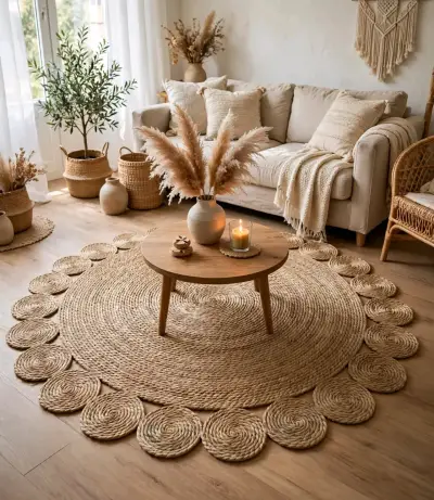 Alfombra redonda de yute natural decorativa - miniatura 2