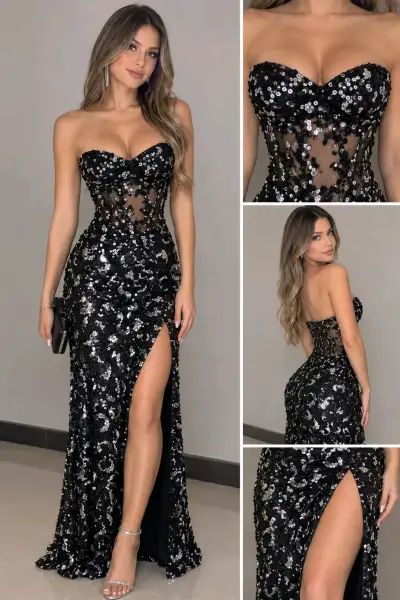 Vestido de noche negro con lentejuelas y abertura - miniatura 1