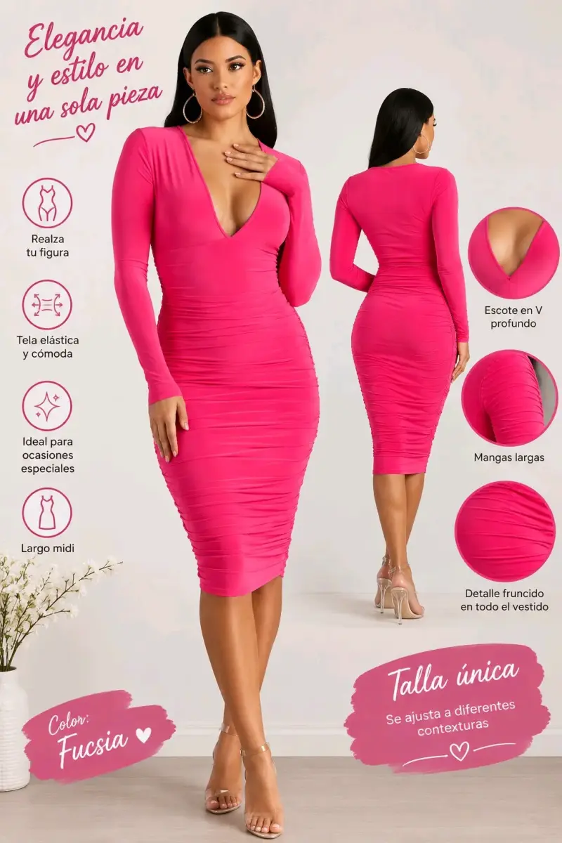 Vestido midi fucsia con escote en V