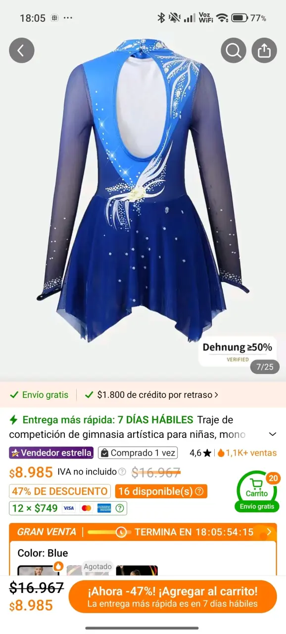 Traje de gimnasia artística azul para niñas - 1