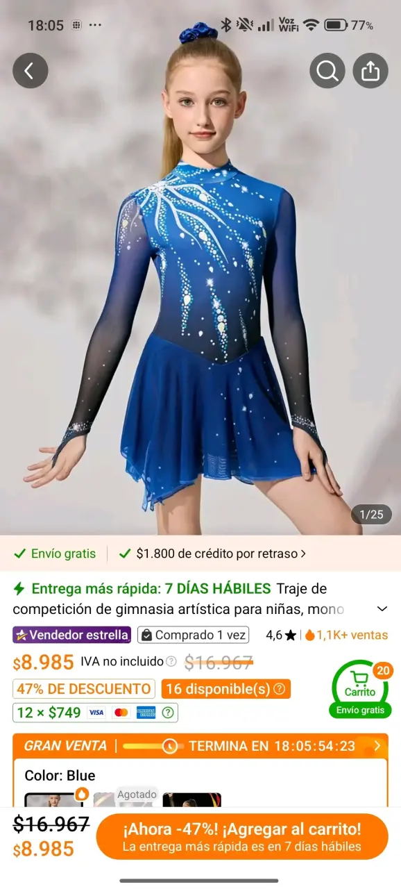 Traje de gimnasia artística azul para niñas - 2