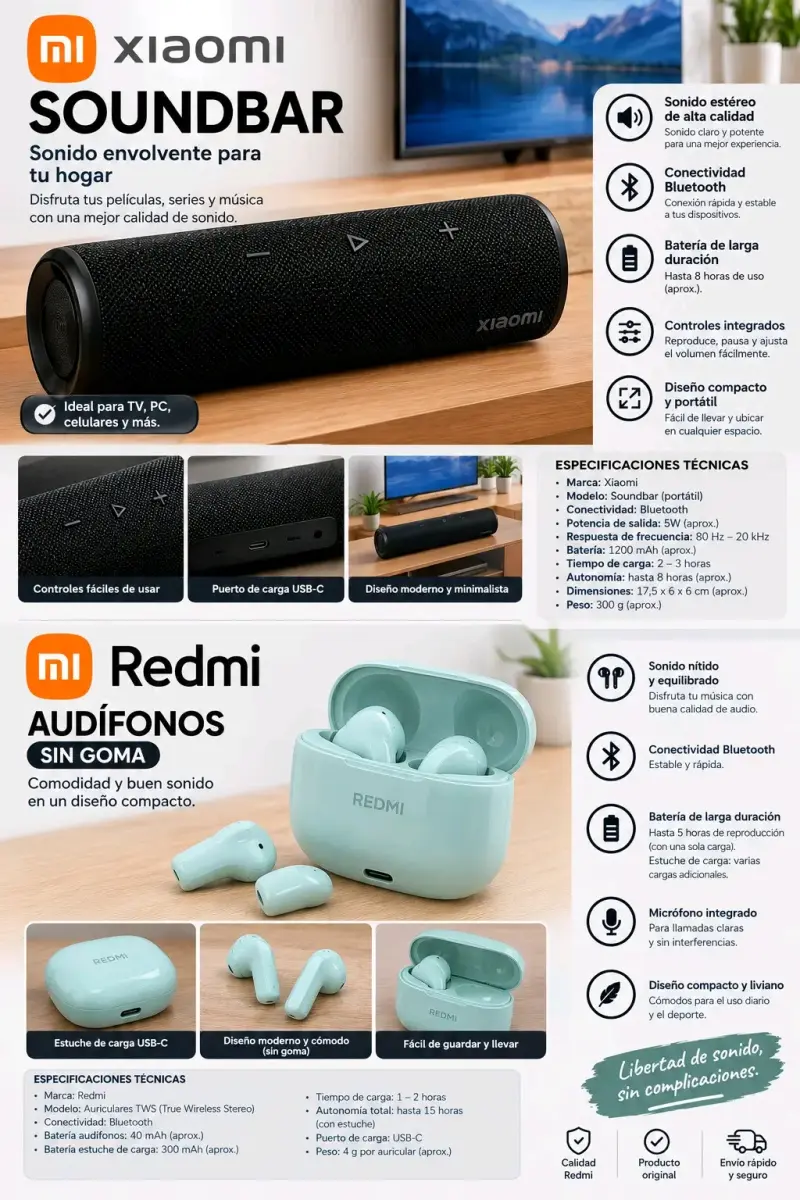 Soundbar Xiaomi y audífonos redmi