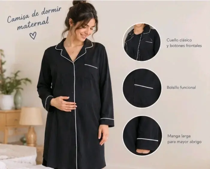 Camisa de dormir maternal negra con bolsillo - 1