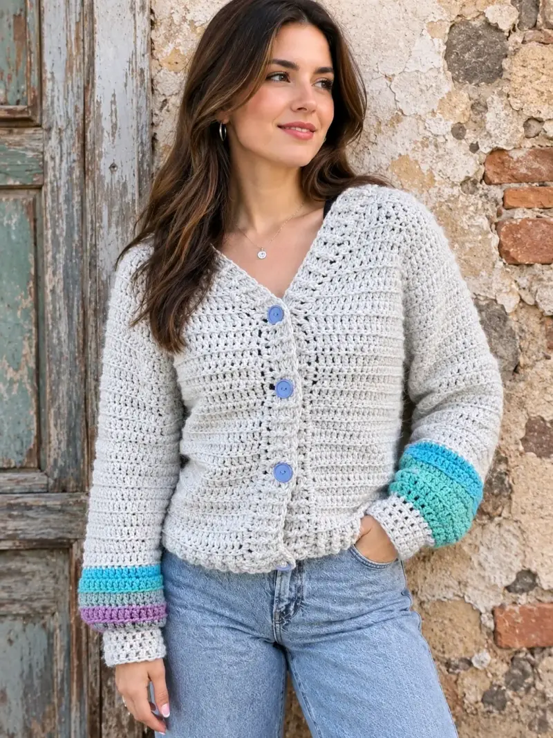 Cardigan de crochet con botones y mangas a rayas