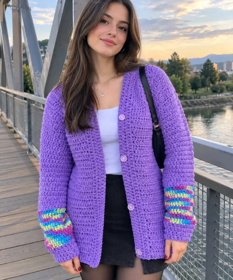 Cárdigan de crochet morado con detalles coloridos