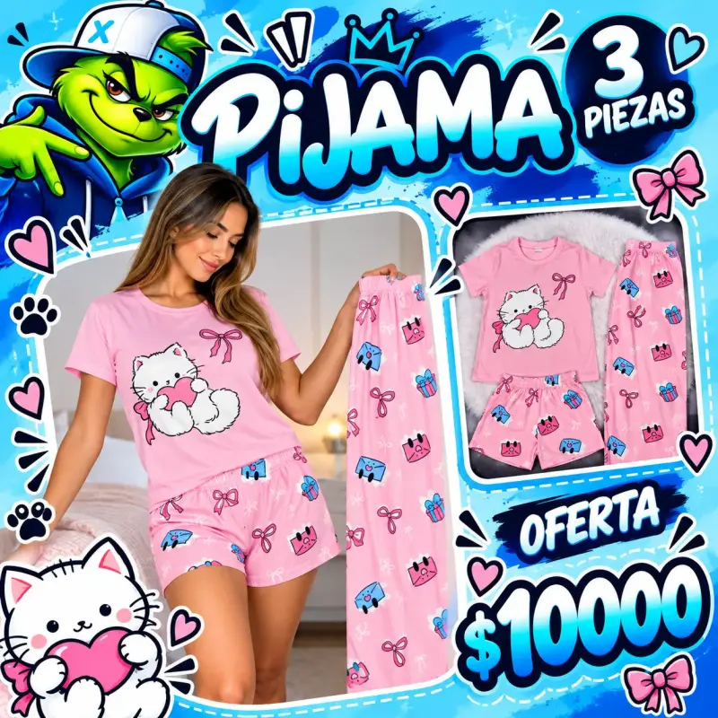 Pijama de 3 piezas para mujer con diseño de gatito