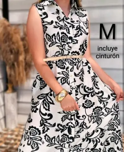 Vestido largo sin mangas con cinturón estampado floral - miniatura 1