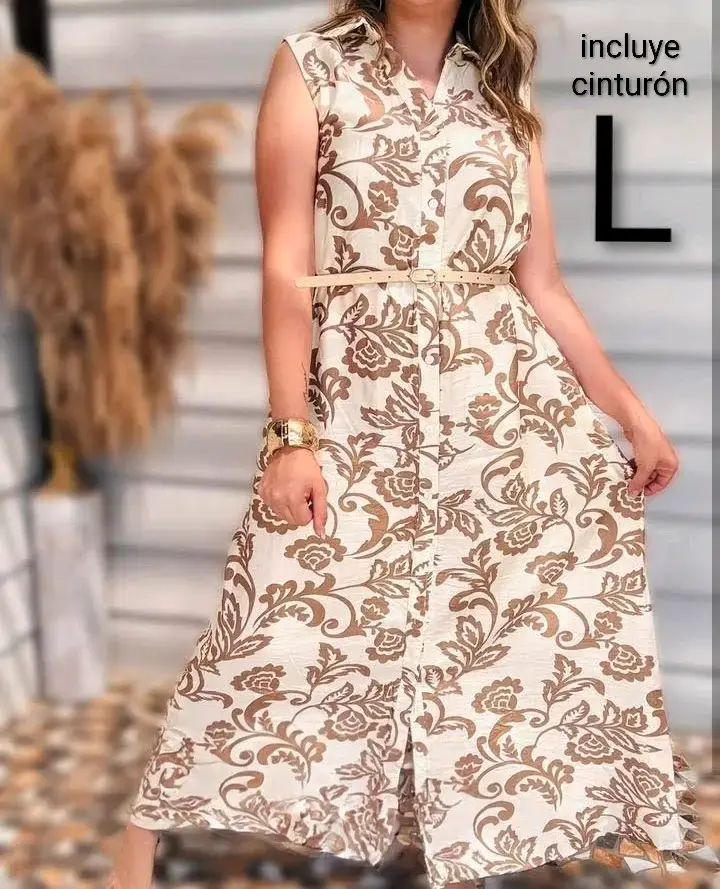 Vestido largo sin mangas con cinturón estampado floral - 2