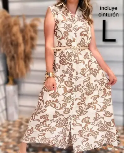 Vestido largo sin mangas con cinturón estampado floral - miniatura 2