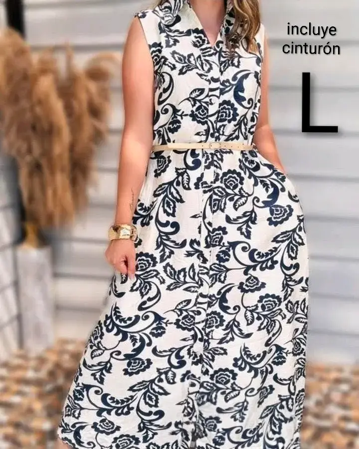 Vestido largo sin mangas con cinturón estampado floral - 3