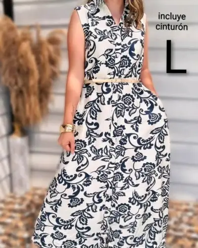 Vestido largo sin mangas con cinturón estampado floral - miniatura 3