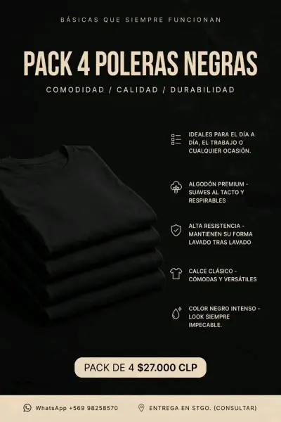 Pack de 4 poleras negras de algodón premium - miniatura 1