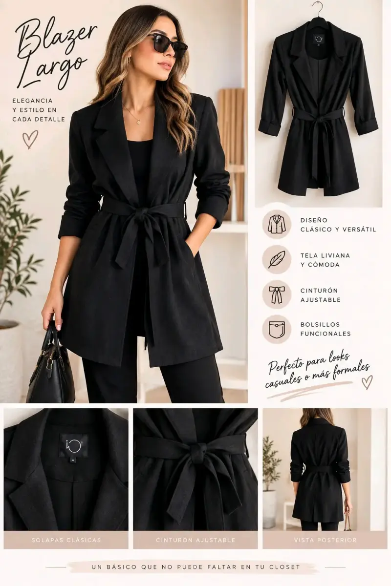 Blazer largo negro con cinturón ajustable