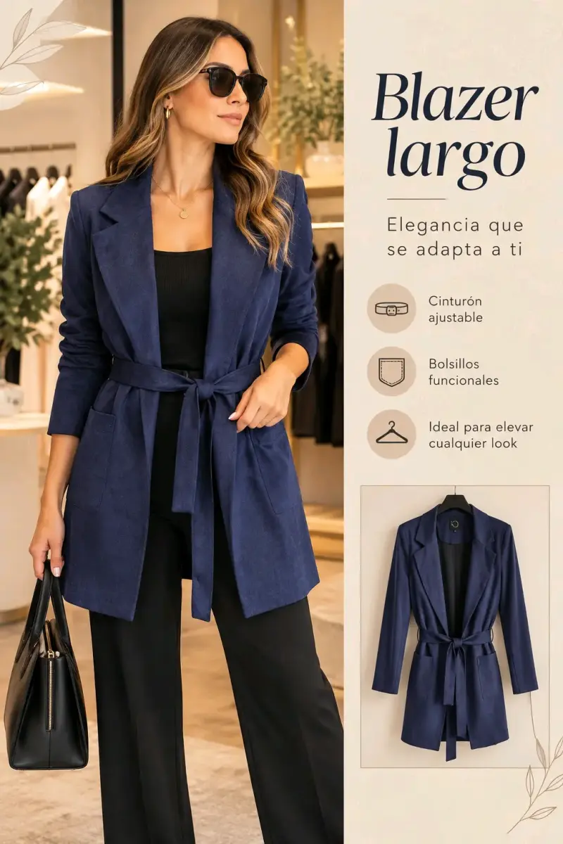Blazer largo azul con cinturón ajustable