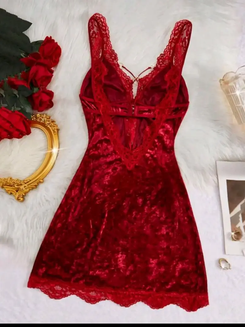 Babydoll de encaje rojo con detalles de encaje - 2