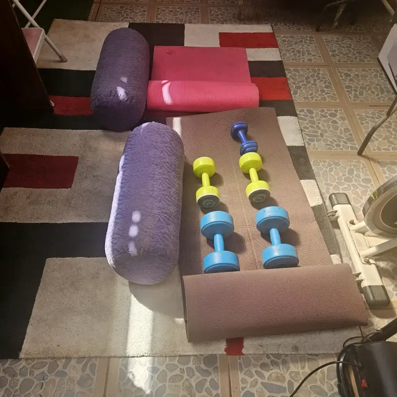 Set de ejercicio con mancuernas y colchonetas
