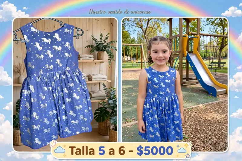 Vestido infantil azul con estampado de unicornios
