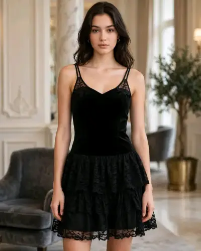 Vestido corto de encaje negro elegante - miniatura 1