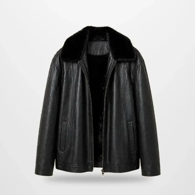Chaqueta de cuero negra con forro de piel