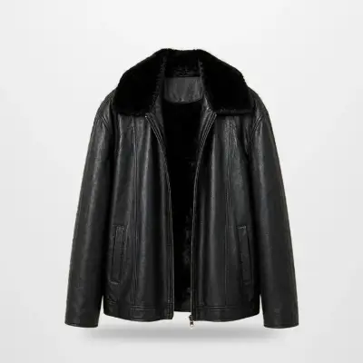 Chaqueta de cuero negra con forro de piel - miniatura 1