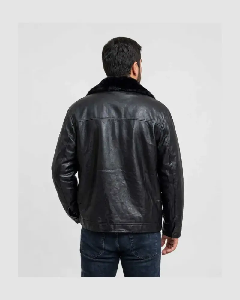 Chaqueta de cuero negra con forro de piel - 5