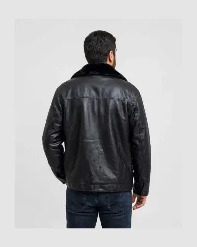 Chaqueta de cuero negra con forro de piel - miniatura 5