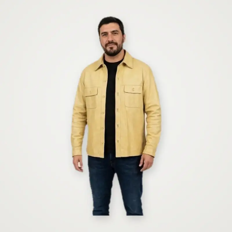 Chaqueta de cuero sintético beige para hombre