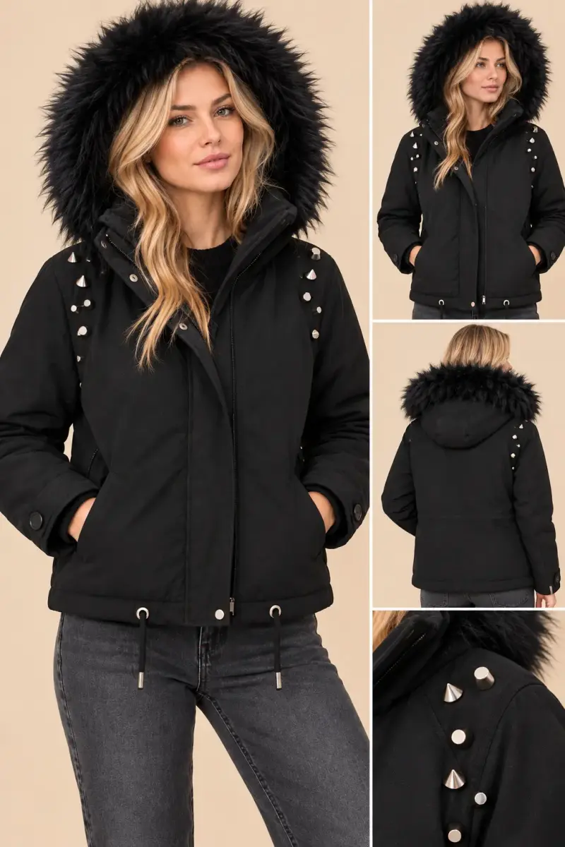 Chaqueta parka negra con tachas