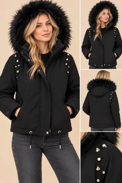 Chaqueta parka negra con tachas - miniatura 1