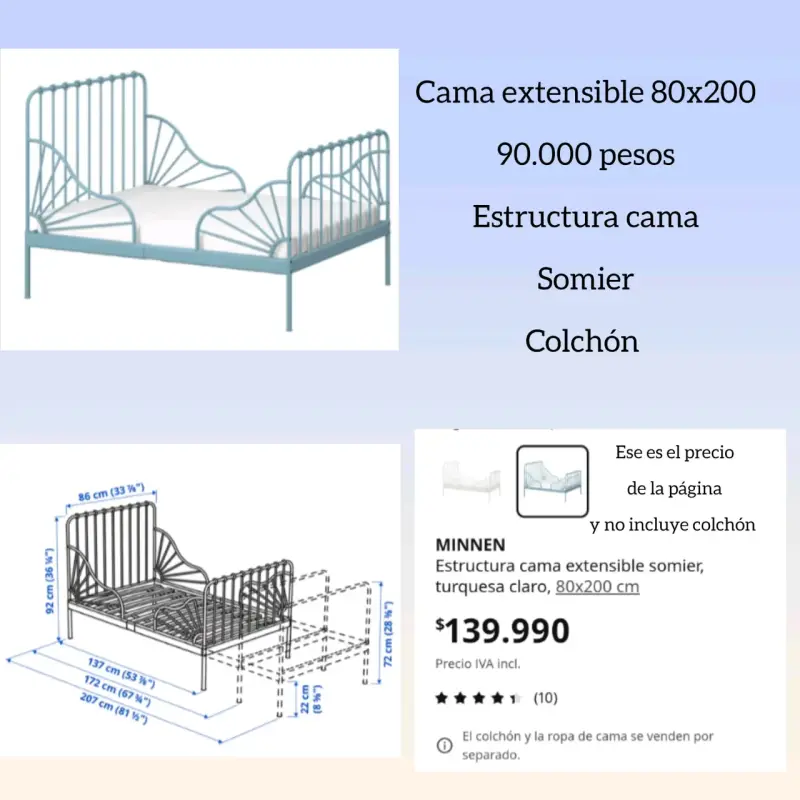 Cama extensible turquesa 80x200 con somier