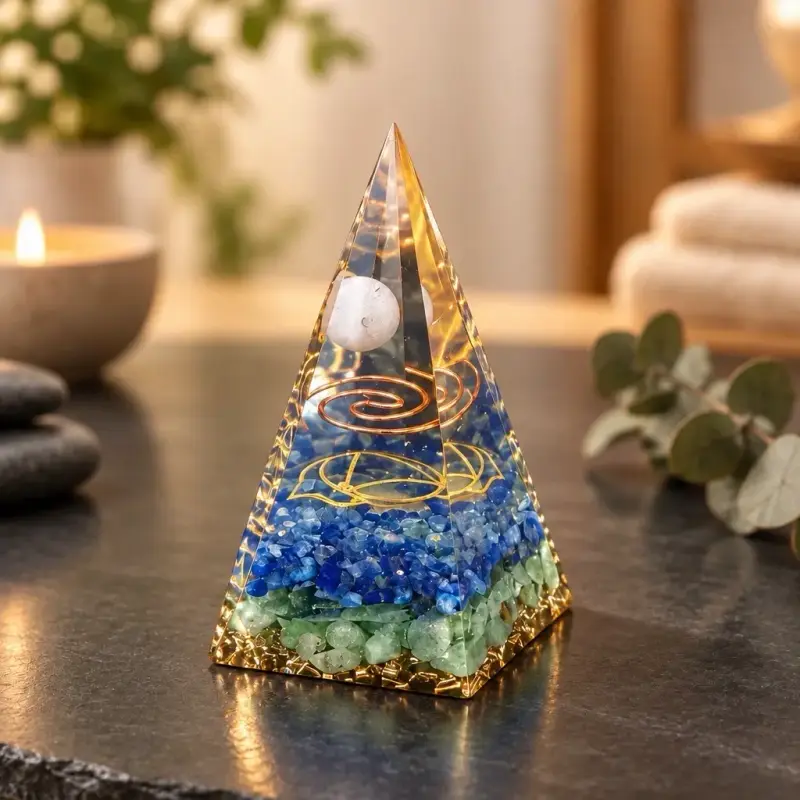 Pirámide orgonita con cristales y espiral de cobre