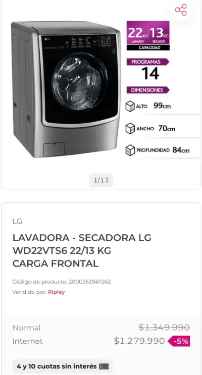Lavadora-Secadora LG 22/13 kg carga frontal - miniatura 2