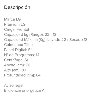 Lavadora-Secadora LG 22/13 kg carga frontal - miniatura 5