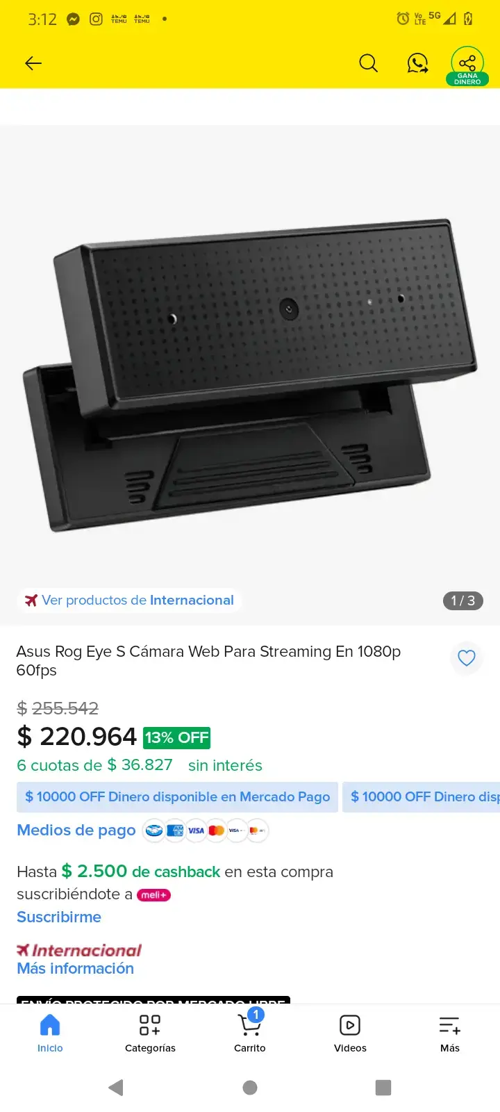 Cámara Web Asus Rog Eye S para Streaming 1080p