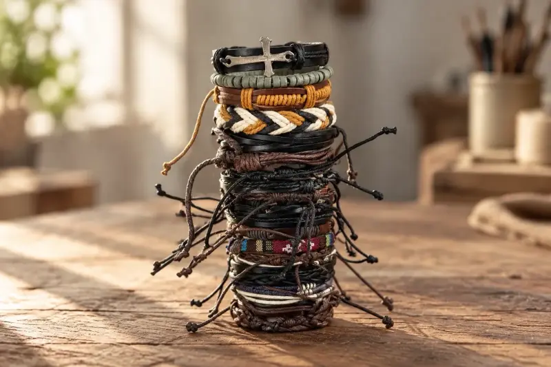 Set de Pulseras de Cuero y Cuerda para Hombre