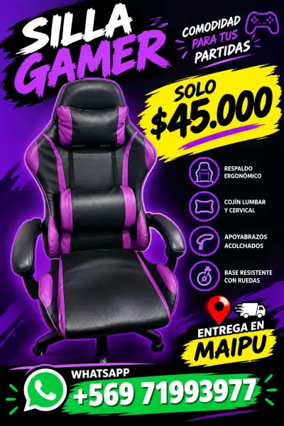 Silla gamer ergonómica negra y morada - miniatura 3