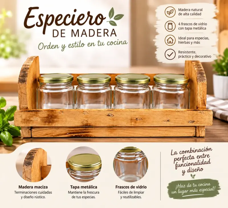 Especiero de madera con frascos de vidrio y tapa metálica
