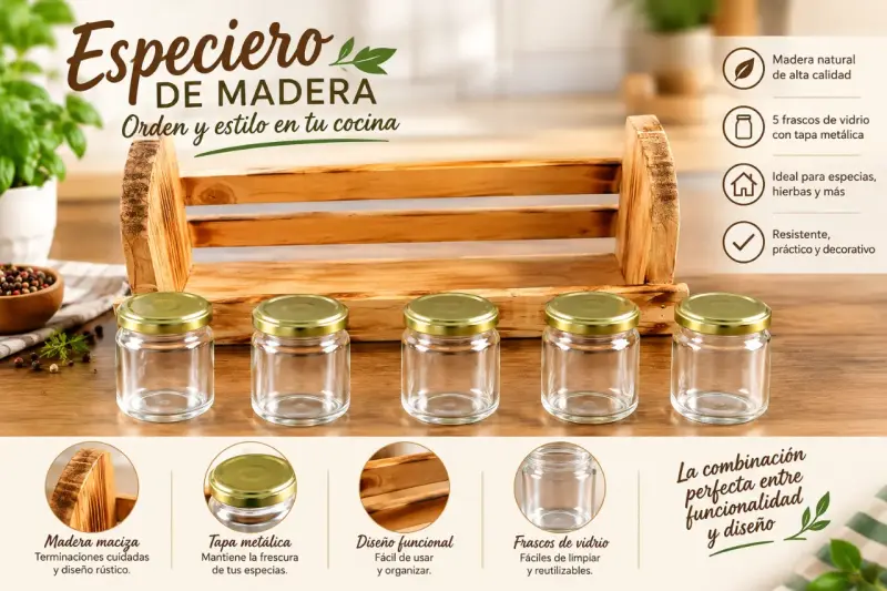 Especiero de madera con frascos de vidrio y tapa metálica - 2