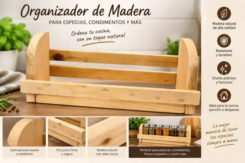 Especiero de madera con frascos de vidrio y tapa metálica - 3