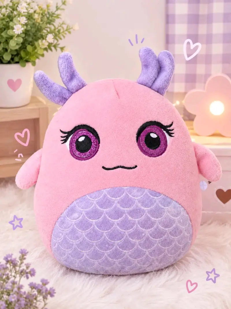 Peluche rosado con cuernos lilas y ojos grandes