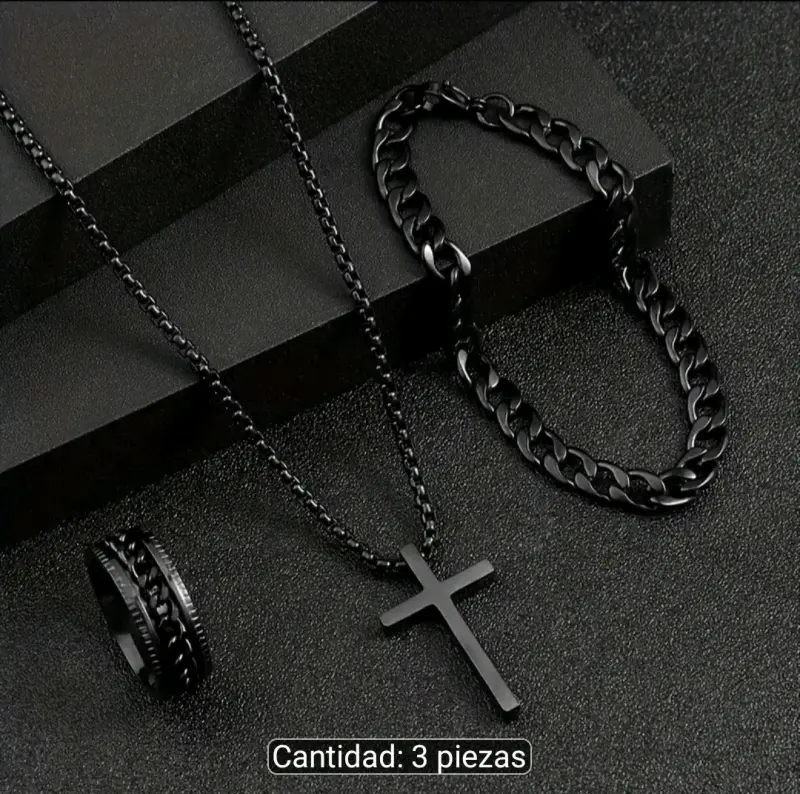 Set de joyería negra para hombre con anillo, pulsera y collar - 3