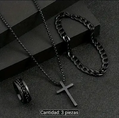 Set de joyería negra para hombre con anillo, pulsera y collar - miniatura 3